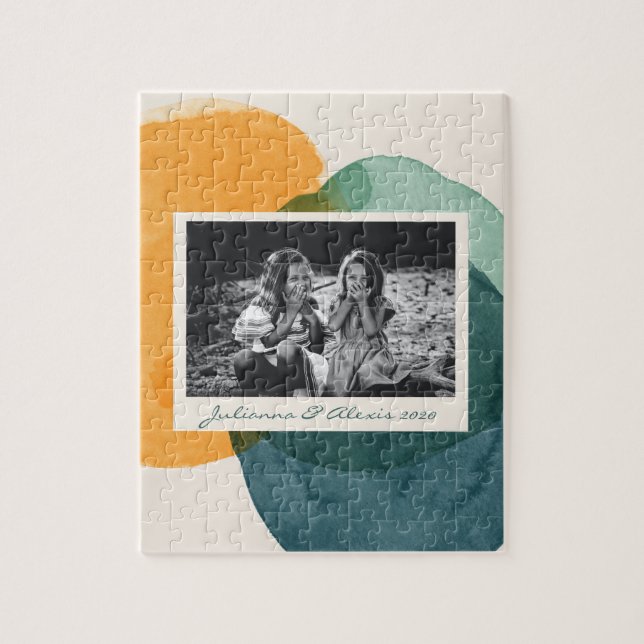 Abstract Watercolor Shapes Teal Blue Photo Name Jigsaw Puzzle (Vertical)