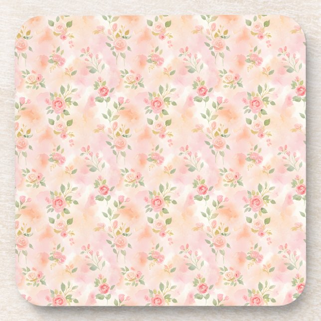 Abstract Watercolor Small Peach Pink Flowers Coaster (Front)