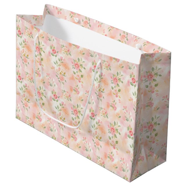 Abstract Watercolor Small Peach Pink Flowers Large Gift Bag (Front Angled)