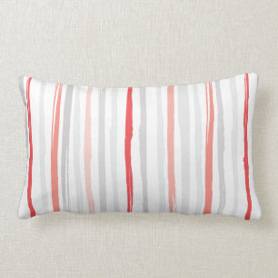 Abstract Watercolor Stripes   Red Coral Grey Lumbar Cushion