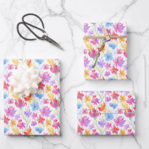Abstract Watercolor Style Flowers Pink Blue Yellow Wrapping Paper Sheet