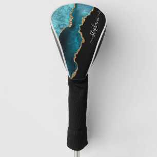 Abstract Watercolor Teal Agate Gold Personalised Golf Head Cover
