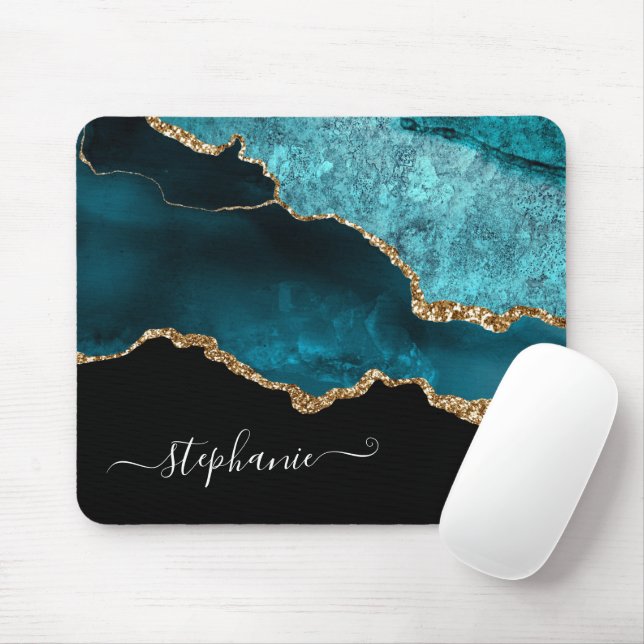 Abstract Watercolor Teal Agate Gold Personalised Mouse Mat (With Mouse)