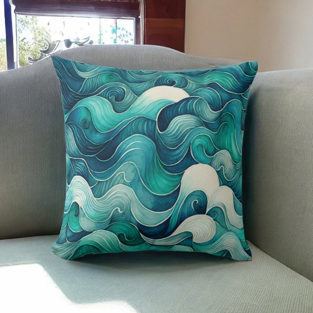 Abstract Watercolor Teal Blue Ocean Waves Cushion (Creator Uploaded)