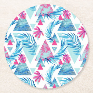 Abstract Watercolor Tropical Leaf Pattern Round Paper Coaster