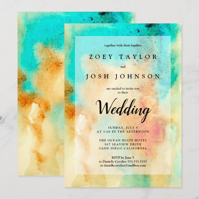 Abstract Watercolor Wedding Invitation Teal Orange (Front/Back)