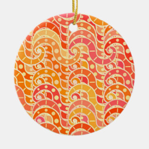 Abstract wave pattern - orange, coral and gold ceramic tree decoration