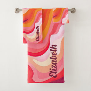 Abstract Wave Pattern Retro Monogram Name Bath Towel Set