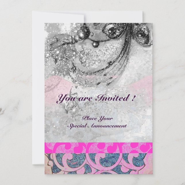 ABSTRACT WAVES ,Black White,Fuchsia Pink Wedding Invitation (Front)