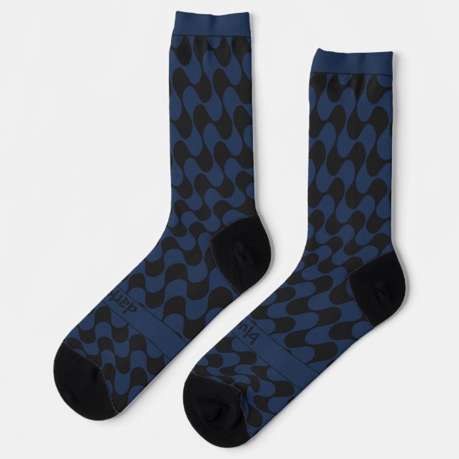 Abstract Waves Blue and Black with Text Socks (Left)