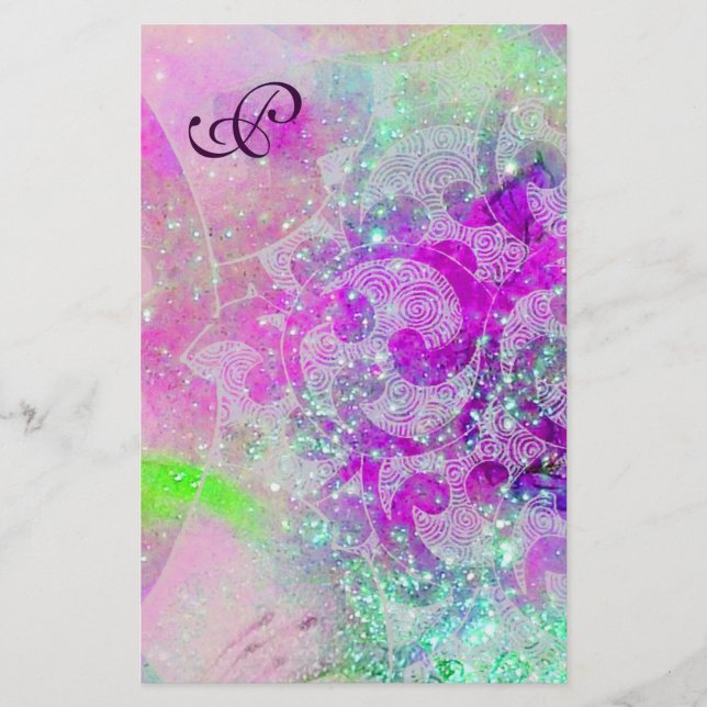 ABSTRACT WAVES Blue,Purple Pink Wedding Monogram Stationery (Front)