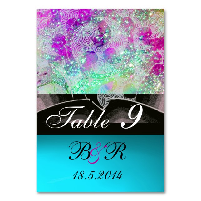 ABSTRACT WAVES Blue,Purple Pink Wedding Monogram Table Number (Back)