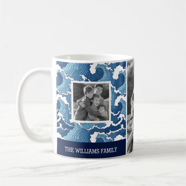 Abstract Waves | Family Photos & Text| Monogram Coffee Mug (Left)
