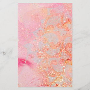 ABSTRACT WAVES ,GOLD ORANGE PINK SPARKLES,SWIRLS STATIONERY