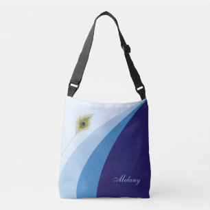 Abstract waves in blue shades & peacock feather crossbody bag