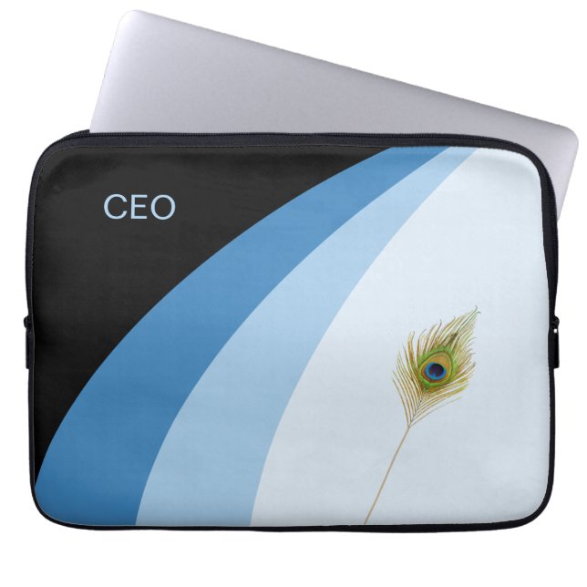 Abstract waves in blue shades & peacock feather laptop sleeve (Front)