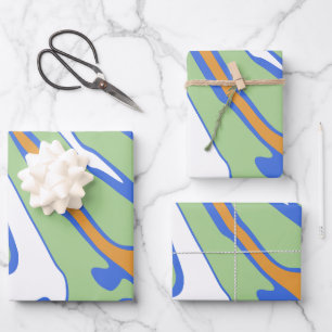 Abstract Waves in Green, Blue, Orange, & White Wrapping Paper Sheet