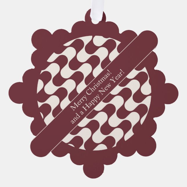 Abstract Waves Red and White with Text Tree Decoration Card (Front)