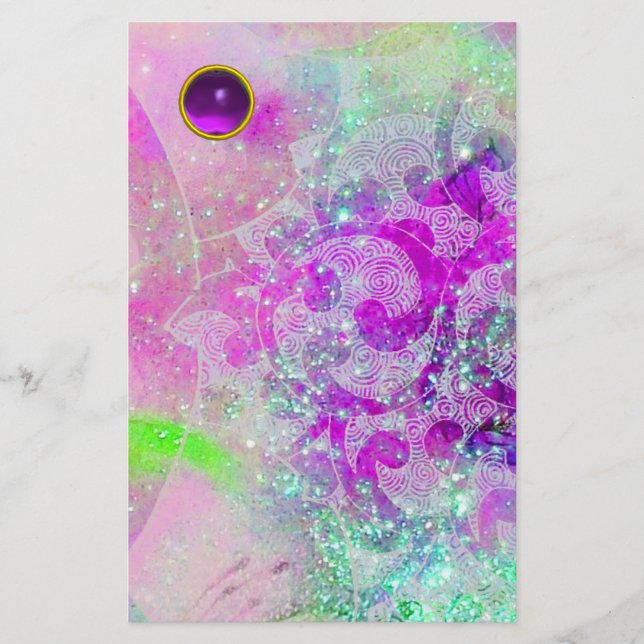 ABSTRACT WAVES Teal Blue, Pink Purple Gemstone Stationery (Front)