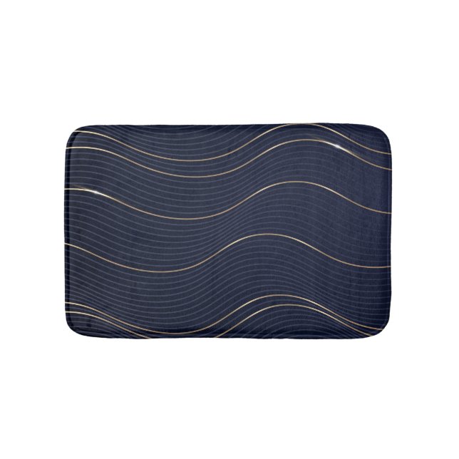 Abstract Wavy Blue Gold Lines Pattern Bath Mat (Front)