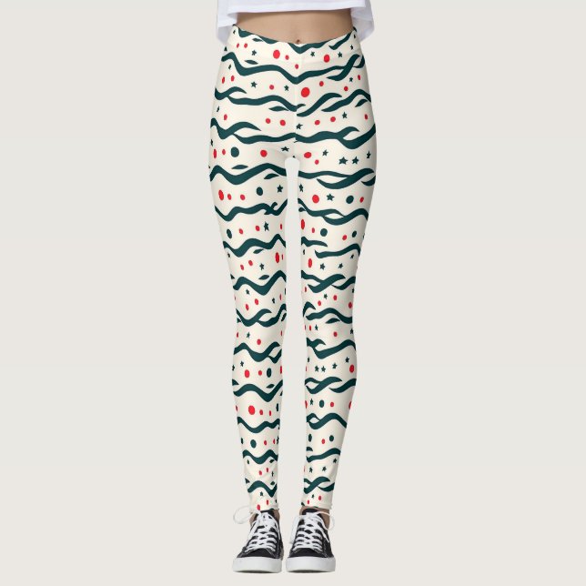 Abstract Wavy Lines and Geometric Shapes Pattern Leggings (Front)