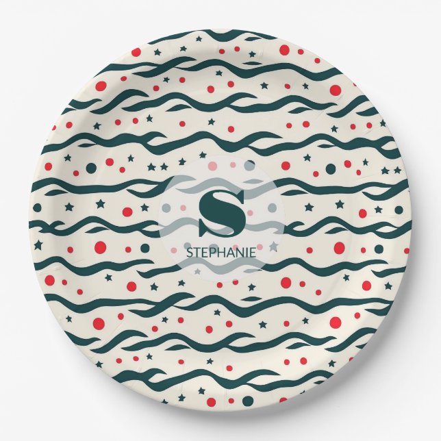 Abstract Wavy Lines and Geometric Shapes Pattern Paper Plate (Front)