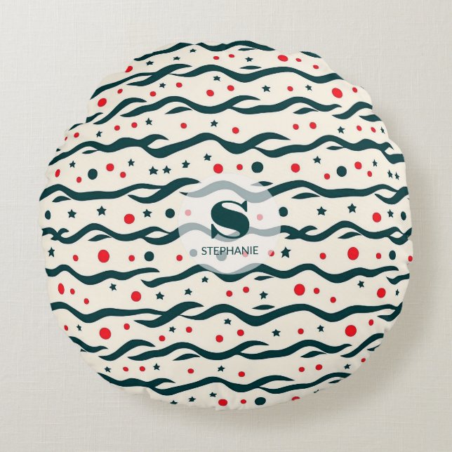 Abstract Wavy Lines and Geometric Shapes Pattern Round Cushion (Front)