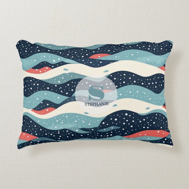 Abstract Wavy Lines with Snowflake Dots Decorative Cushion (Front)