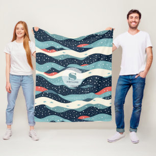 Abstract Wavy Lines with Snowflake Dots Fleece Blanket