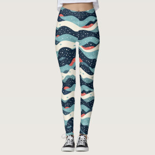 Abstract Wavy Lines with Snowflake Dots Leggings
