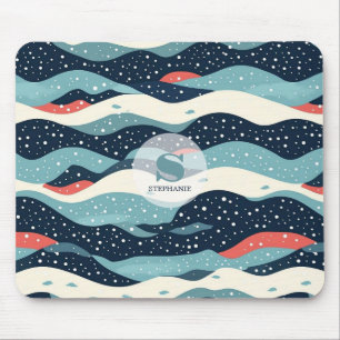 Abstract Wavy Lines with Snowflake Dots Mouse Mat