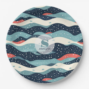 Abstract Wavy Lines with Snowflake Dots Paper Plate