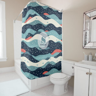 Abstract Wavy Lines with Snowflake Dots Shower Curtain