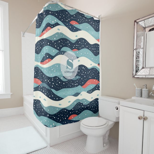 Abstract Wavy Lines with Snowflake Dots Shower Curtain (In Situ)
