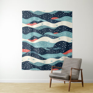 Abstract Wavy Lines with Snowflake Dots Tapestry