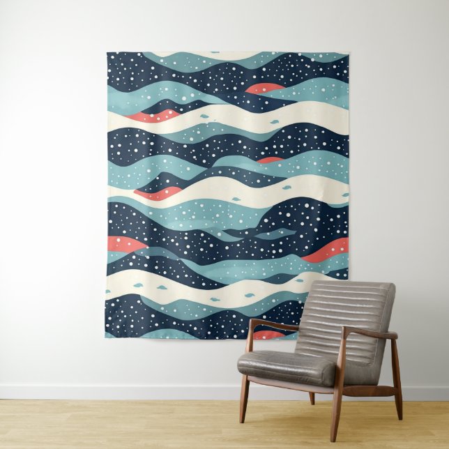 Abstract Wavy Lines with Snowflake Dots Tapestry (In Situ)