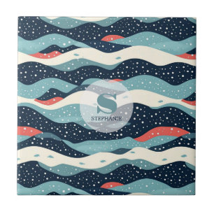 Abstract Wavy Lines with Snowflake Dots Tile