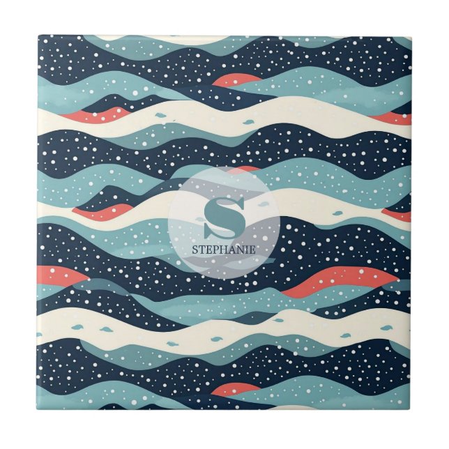 Abstract Wavy Lines with Snowflake Dots Tile (Front)