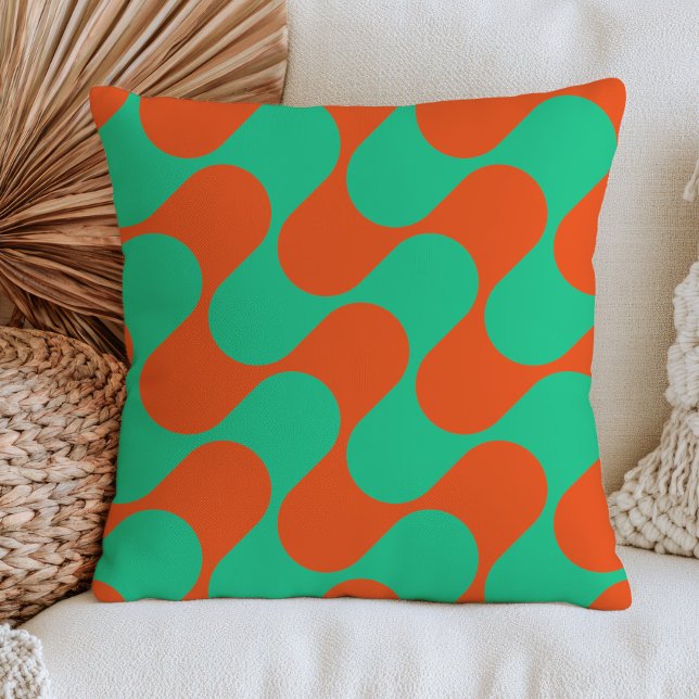 Abstract Wavy Pattern Burnt Orange& Green Retro Cushion (Creator Uploaded)