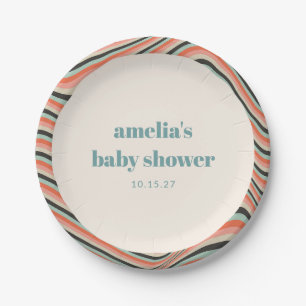 Abstract Wavy Stripe Aqua Peach Custom Baby Shower Paper Plate