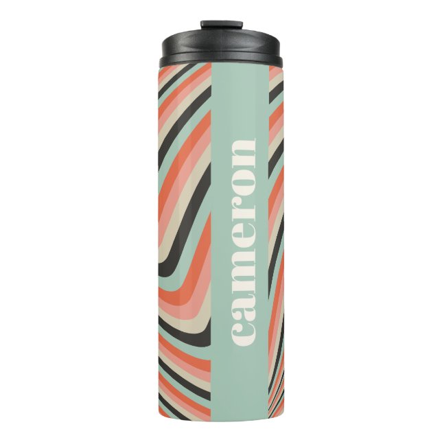 Abstract Wavy Stripes Aqua and Peach Personalised Thermal Tumbler (Front)