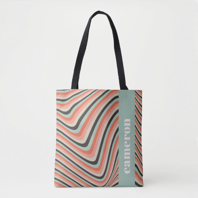 Abstract Wavy Stripes Aqua and Peach Personalised Tote Bag (Front)