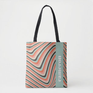 Abstract Wavy Stripes Aqua and Peach Personalized Tote Bag