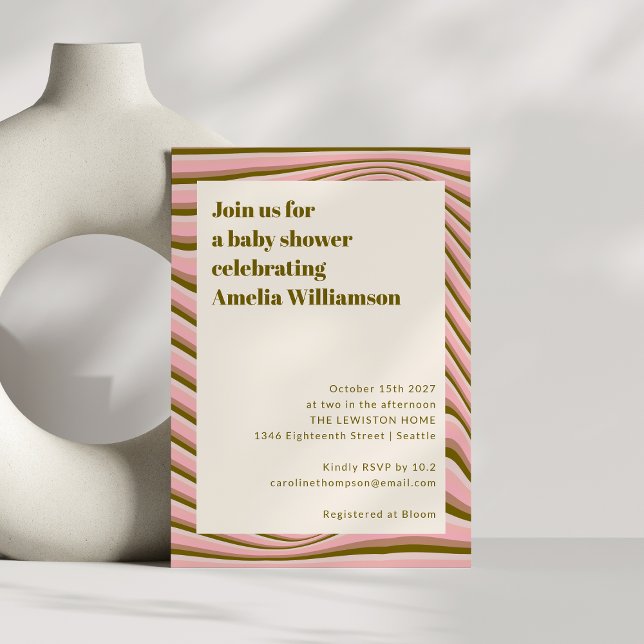 Abstract Wavy Stripes Pink and Olive Baby Shower Invitation (Creator Uploaded)