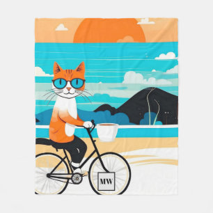 Abstract whimsical cat riding bicycle minimalist fleece blanket
