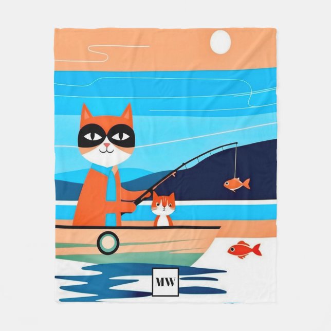 Abstract whimsical cats fishing in a boat monogram fleece blanket (Front)