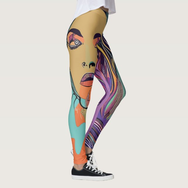 Abstract Whimsical Face Colourful Artsy Fun Trendy Leggings (Right)