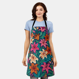 Abstract Whimsical Folk Lilies Butterflies Apron