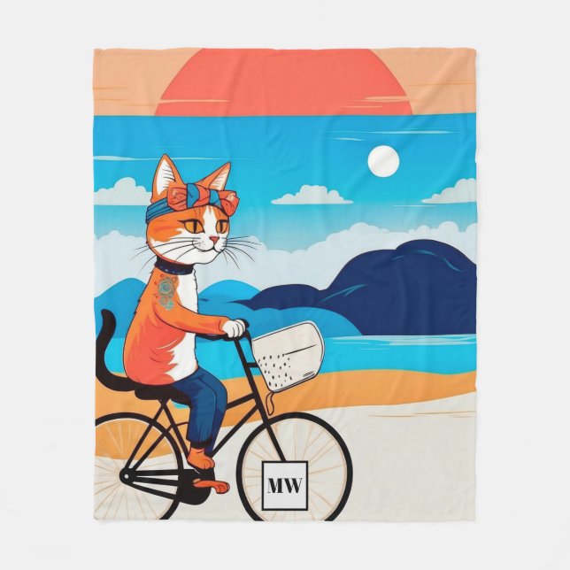 Abstract whimsical headband cat riding bicycle  fleece blanket (Front)