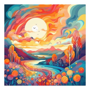 Abstract whimsical landscape with sunset. photo print